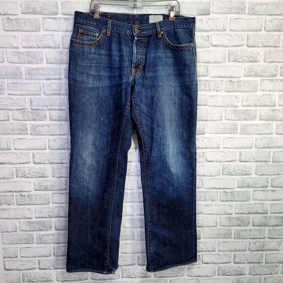 Boss Hugo Boss Jeans Mens 38 x 32 Regular Fit‎ Straight Leg Dark Wash Frayed Hem - Picture 1 of 9